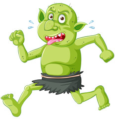 Wall Mural - Green goblin or troll running pose with funny face in cartoon character isolated