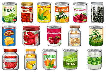 Canvas Print - Set of different canned food and food in jars isolated