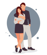Portrait Of Romantic Couple Posing In Stylish Outfits, For Valentine's Day. Flat Design Vector Illustration