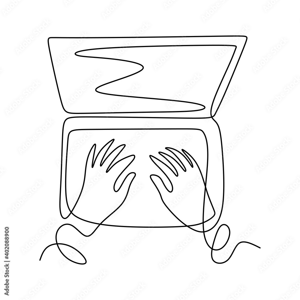 Continuous one line drawing of hand typing on laptop keyboard. A people ...