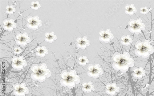 3d illustration, white jewelry fabric flowers on a gray textured background w...