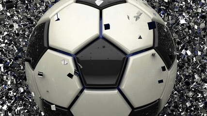 Soccer ball with Particles under Black Background. 3D sketch design and illustration. 3D CG. 3D high quality rendering.