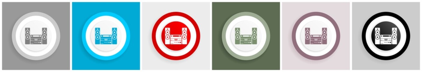 Poster - Music, stereo equipment icon set, colorful flat design vector illustrations in 6 options for web design and mobile applications