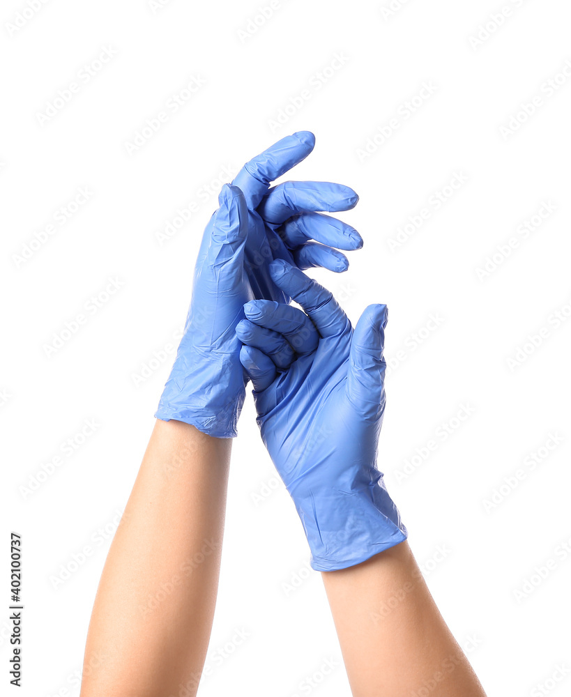 Hands in protective gloves on white background