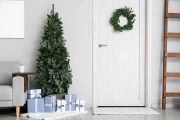 Interior of living room with beautiful Christmas tree