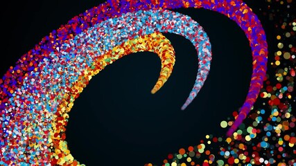 Poster - Merging three radial stripes of colored particles into a spiral. Magical festive effect with bokeh and sparkle. Computer generated 3d render.
