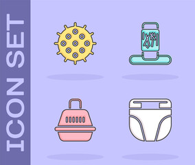 Sticker - Set Diaper for dog, Tennis ball, Pet carry case and Cat scratching post icon. Vector.