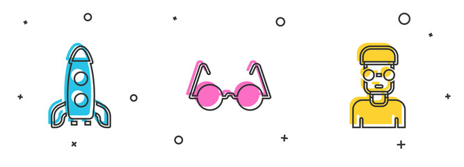 Poster - Set Rocket ship, Eyeglasses and Nerd geek icon. Vector.