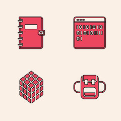 Aufkleber - Set School backpack, Spiral notebook, Binary code and Rubik cube icon. Vector.
