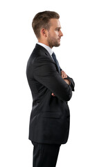 Businessman in black suit standing on isolated over white background. Young businessman arms crossed, profile shot, confident look