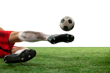 Close up legs of professional soccer, football player fighting for ball on field isolated on white background. Concept of action, motion, high tensioned emotion during game. Cropped image.