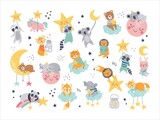 Fototapeta Fototapety na ścianę do pokoju dziecięcego - Isolated set with cute sleeping animals in scandinavian style. Collection with stars, moon and cloud. Sweet dreams. Ideal kids design, for fabric, wrapping, textile, wallpaper, apparel