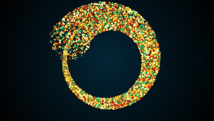 Poster - Merging three radial stripes of colored particles into a spiral. Magical festive effect with bokeh and sparkle. Computer generated 3d render.