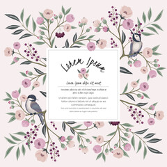Wall Mural -  Vector illustration of a floral frame with little birds on branch in spring. Design for cards, party invitation, Print, Frame Clip Art and Business Advertisement and Promotion 