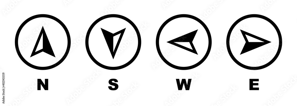 Vector compass icons of north, south, east and west direction. Map symbol. Arrow icon. Vector illustration. - obrazy, fototapety, plakaty 