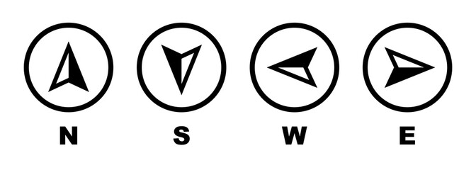 Vector compass icons of north, south, east and west direction. Map symbol. Arrow icon. Vector illustration.