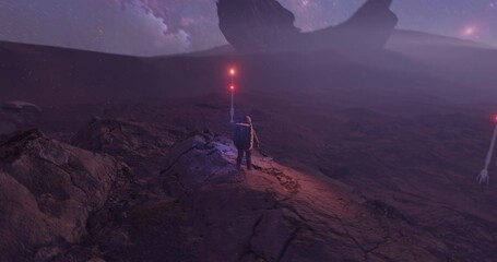 Poster - an alien planet, misty desert with rocks and the sky with galaxy milky way and meteors on background