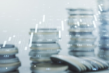 Poster - Multi exposure of stats data illustration on stacks of coins background, computing and analytics concept