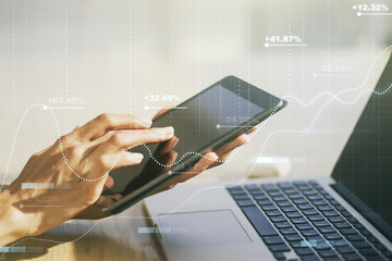 Poster - Abstract creative analytics data spreadsheet with finger clicks on a digital tablet on background, analytics and analysis concept. Multiexposure