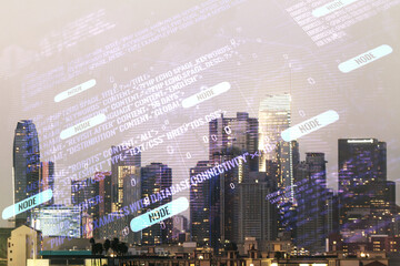 Poster - Double exposure of abstract creative programming illustration and world map on Los Angeles office buildings background, big data and blockchain concept