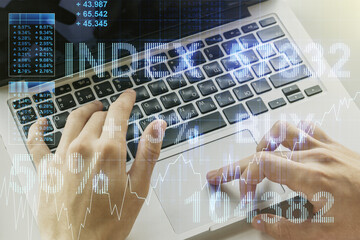 Poster - Multi exposure of abstract creative financial chart with hand typing on computer keyboard on background, research and analytics concept