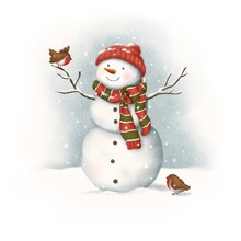 Snowman In A Scarf And A Hat With Birds. Children's Illustration For Postcards, Posters, Printing On Clothes