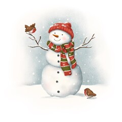 snowman in a scarf and a hat with birds. children's illustration for postcards, posters, printing on clothes