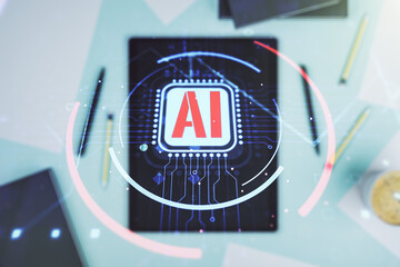 Poster - double exposure of creative artificial intelligence abbreviation and modern digital tablet on backgr