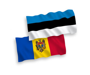 National vector fabric wave flags of Estonia and Moldova isolated on white background. 1 to 2 proportion.