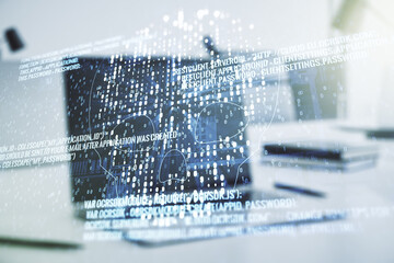Poster - Creative code skull sketch on modern laptop background, theft of personal data and malware concept. Multiexposure