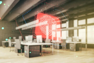 Fototapete - Multi exposure of virtual graphic fingerprint sketch on a modern furnished classroom background, fingerprint scan data concept