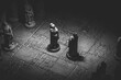 © Joeri - A black and white portrait of two soldier pieces of a game of chess facing each other in the beginning of the strategic duel. The chessboard and the pieces are made of stone.