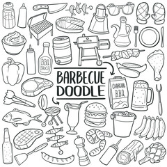 Wall Mural - Barbecue Food doodle icon set. BBQ Vector illustration collection. Party Hand drawn Line art style.