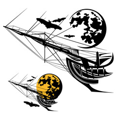 Wall Mural - haunted pirate ship and flying flock of vampire bats on halloween night vector design set