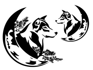 Wall Mural - wolf head with moon crescent and pine tree branches - wildlife night nature black and white vector d