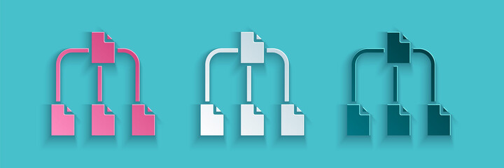 Aufkleber - Paper cut Folder tree icon isolated on blue background. Computer network file folder organization structure flowchart. Paper art style. Vector.
