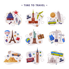 Poster - Travel and Tourism Attribute with City Landmark and Scattered Journey Symbols Vector Composition Set