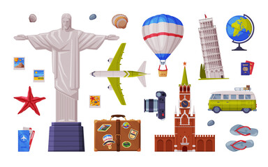 Sticker - Travel Time with City Landmark and Tourism Attribute Like Airplane, Globe and Camera Vector Set