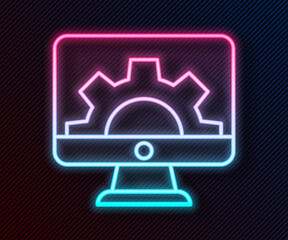 Glowing neon line Software, web development, programming concept icon isolated on black background. Programming language and program code on screen monitor. Vector.