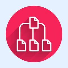 Aufkleber - White line Folder tree icon isolated with long shadow background. Computer network file folder organization structure flowchart. Red circle button. Vector.