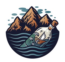 Marine boat on the waves inside the bottle and mountain. Nautical wanderlust and adventure illustration