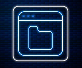 Poster - Glowing neon line Browser files icon isolated on brick wall background. Vector.