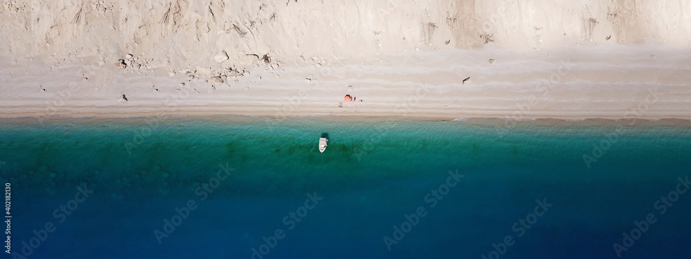 Aerial drone ultra wide panoramic photo of famous azure sandy beach of Egremni, Lefkada island, Ionian, Greece - obrazy, fototapety, plakaty 