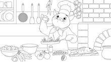 Vector Illustration, Cat Chef Prepares A Delicious Dish