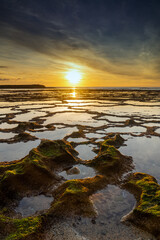 Sticker - vertical view of a beautiful sunset over the ocean with rocky beach and tidal pools in the foreground