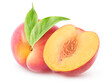 © ChaoticDesignStudio - Isolated peaches. One whole pink peach with leaf and a half isolated on white background