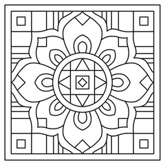 Wall Mural - Floral Nature Motive - Coloring Book Vector Illustration In Black and White - Portuguese, Lisbon Tile