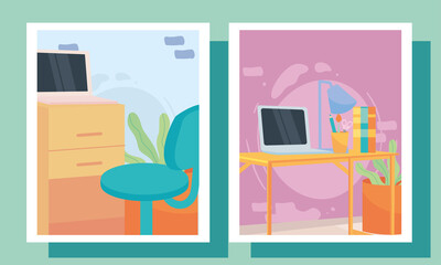 Sticker - workplaces set of icons in frames vector design