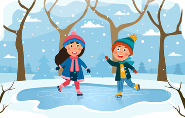 Wall Mural - Two young children skating on a rink in a snowy winter park with a boy and girl smiling and waving, colored cartoon vector illustration