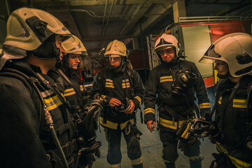 Wall Mural - Group of firefighters with uniform inside the  fire station preparing for safe rescue